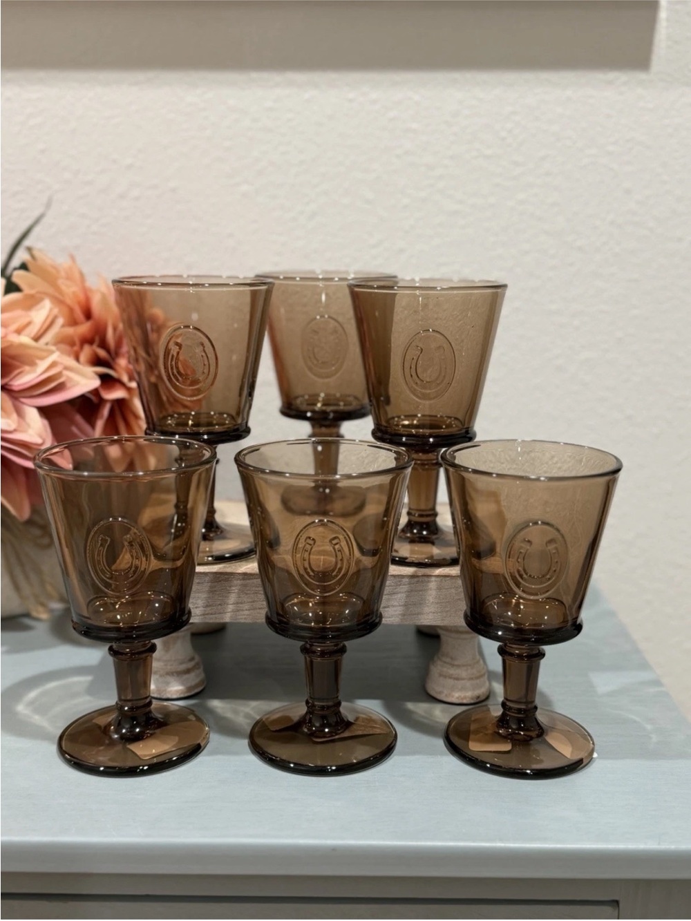 La Rochere Lucky Horse Shoe Stem Wine Moka Mocha Made In France Set Of 6 Glasses